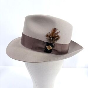 Stacy Adams Fedora Hat Taupe Gray Wool Felt Feather Band Mens 7 5/8